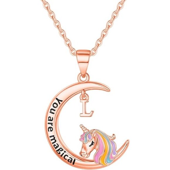 Unicorns Girls Necklaces, 14K Rose Gold Plated Moon Pendant Unicorn  Initial "L" - Picture 1 of 6